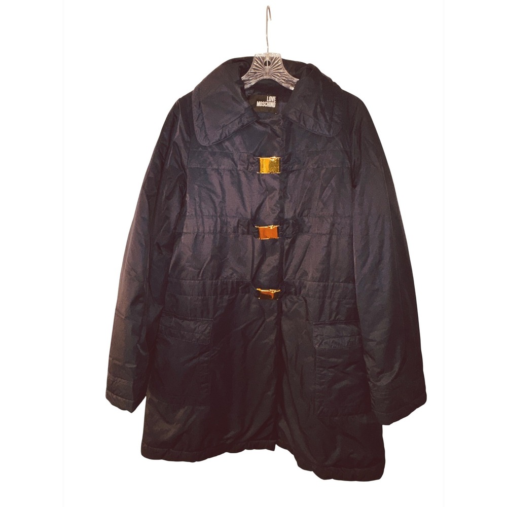 Love Moschino Navy Blue Puffer Coat Gold Buckle Italian Jacket Size 10 Luxury